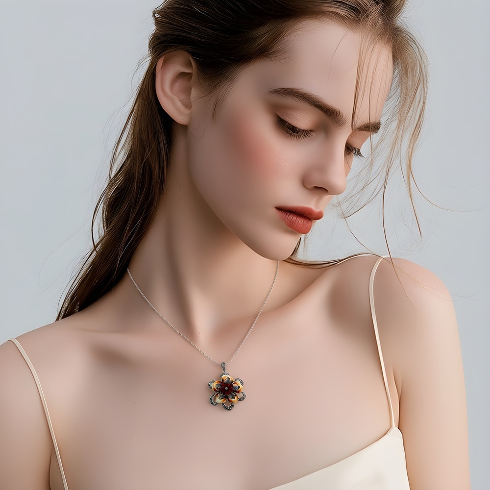 *NWT* Carnelian, Marcasite and Enamel Thailand 925 Silver Flower Necklace